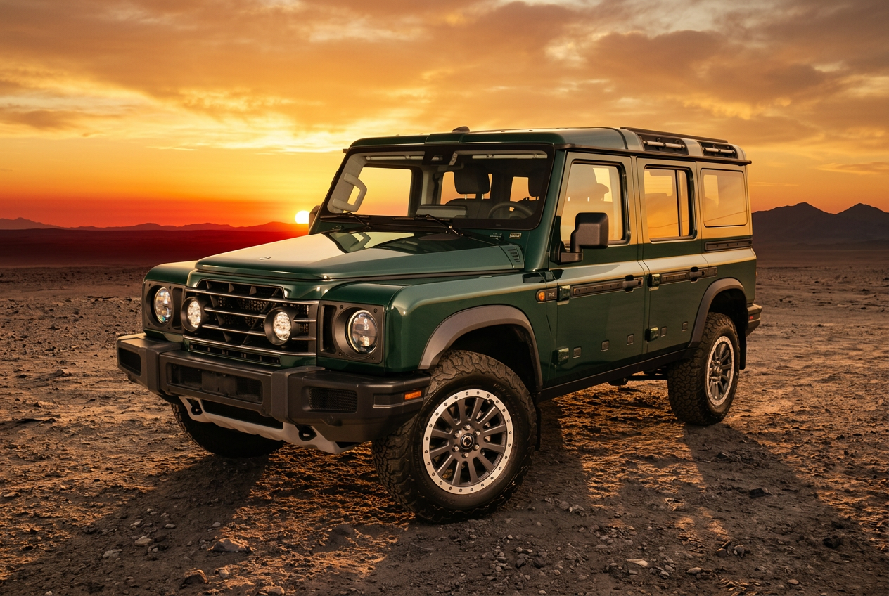 Ineos Grenadier on a desert ridge at sunset